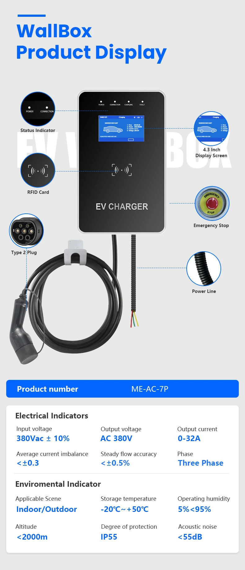 Wallbox AC EV Charger 22kw AC Fast Charging Station Type2 Level 1 IP55 32A 380VAC